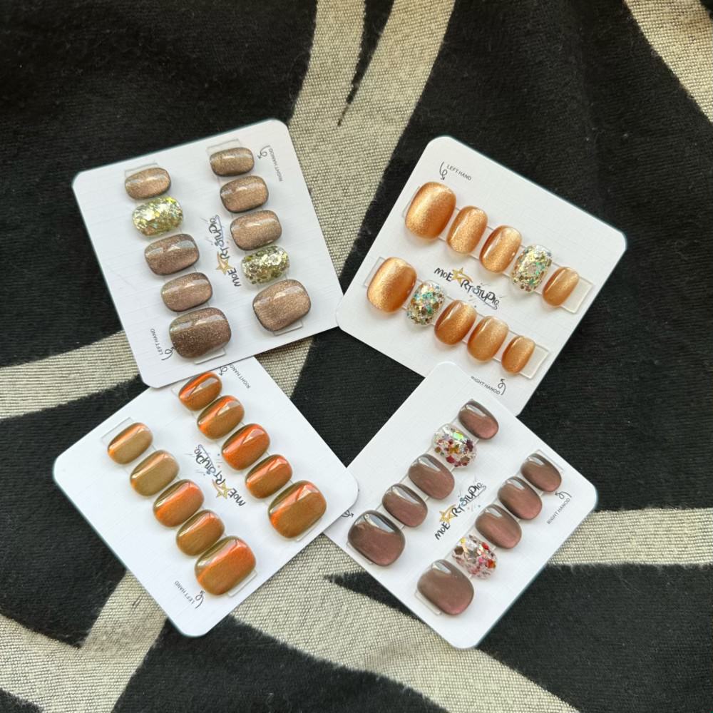 Cat Eye Press On Nails Fake Nails Short Square Nails Brown-Gold Series