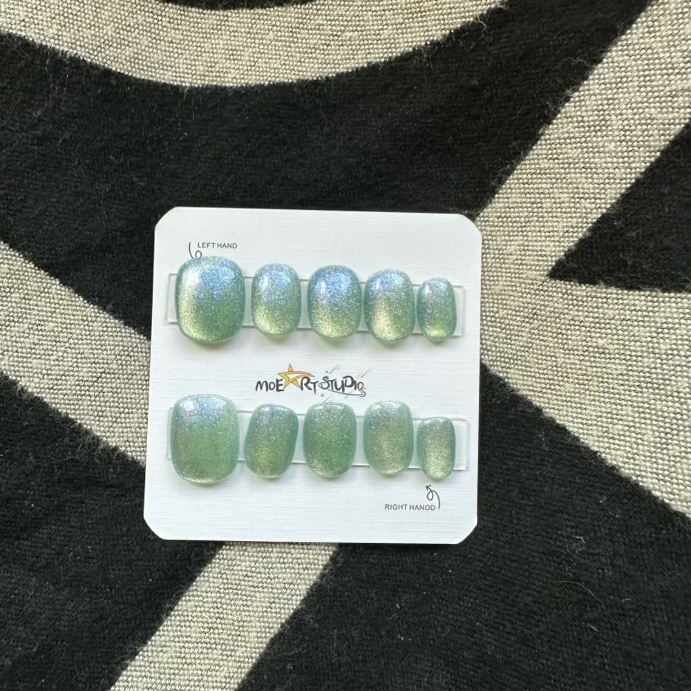 Cat Eye Press On Nails Fake Nails Short Square Nails Green Series